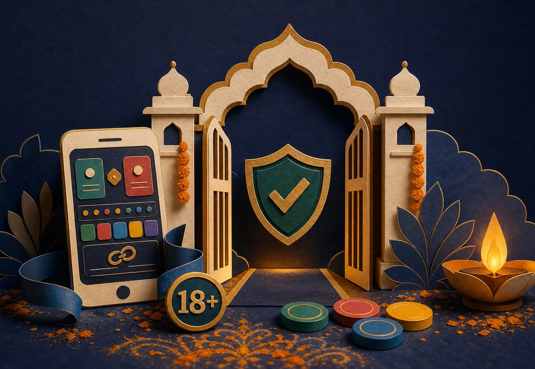 Polished app entry safety screen with shield, 18 plus marker, link icon, and colour tiles