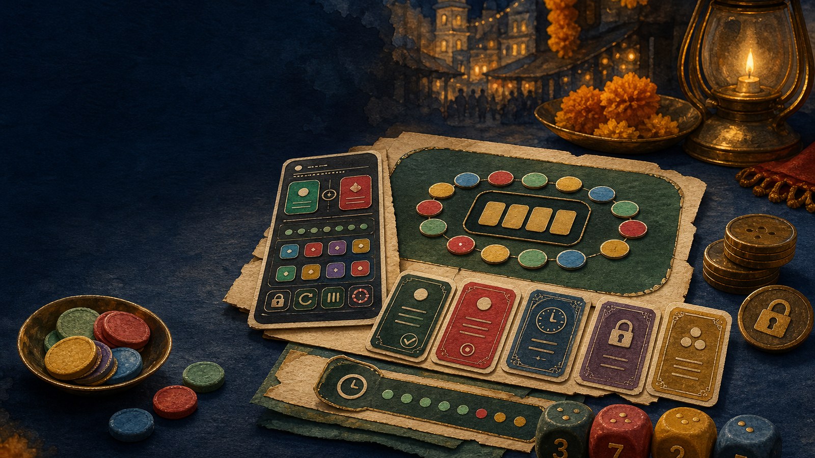 Premium 3D Daman-style mobile game screen with colour tiles, timer strip, chips, and dark neon table