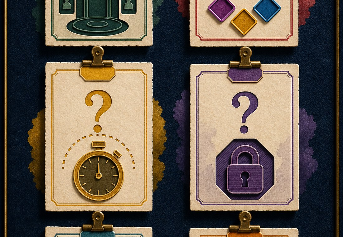 Vertical glass question cards for room, colour, timer, lock, app prompt, and limit checks