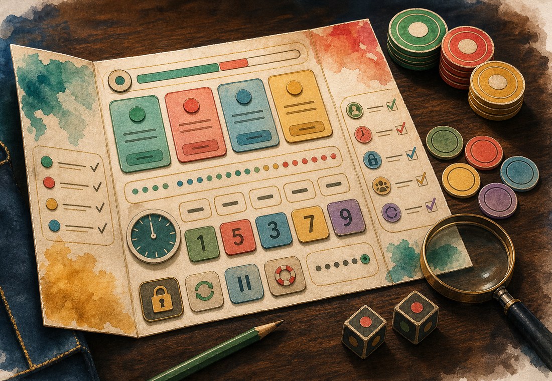 Daman-style game screen checklist with timer strip, room cards, colour tiles, and magnifier